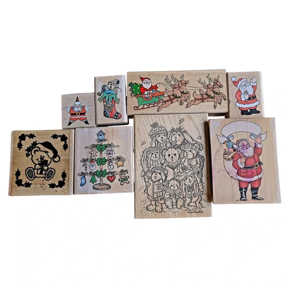 Christmas Wooden Rubber Stamps Lot of 8 for Crafts‎ or Scrapbooking